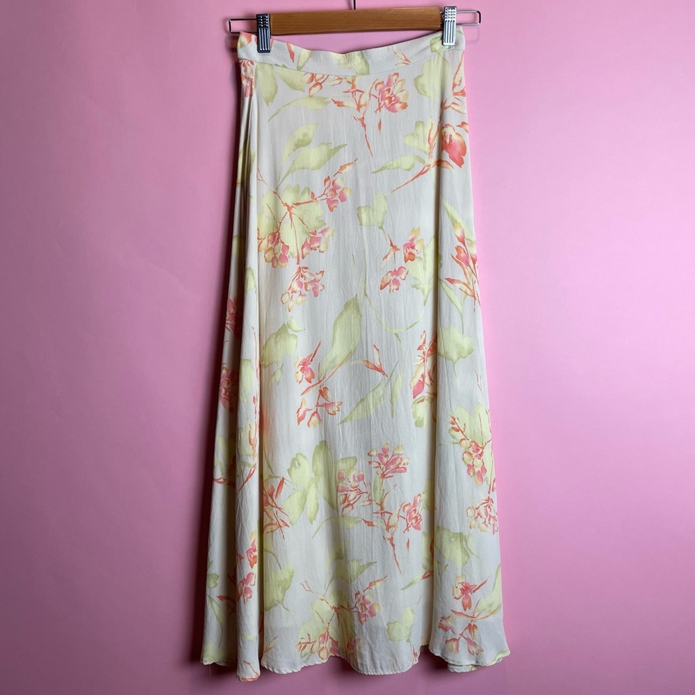 Vintage Crisini Pastel Ivory Yellow Maxi Skirt with Floral & Leaves Pattern